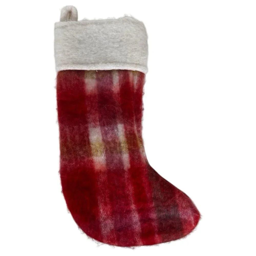 West Elm Christmas Stocking plaid mohair soft christmas holiday cabin boho chic